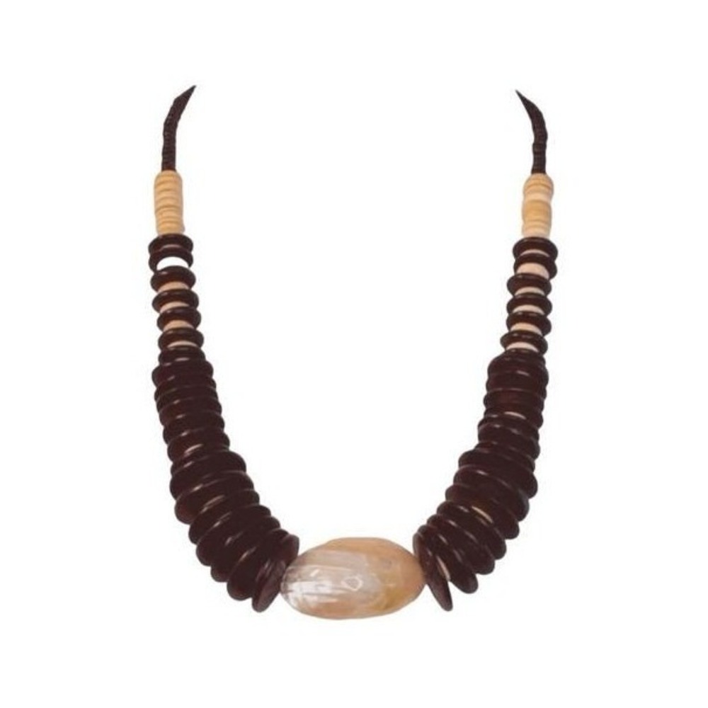 Vintage Chunky Seashell Beaded Necklace‎ Black Ivory Wood Disk Pendent Coastal